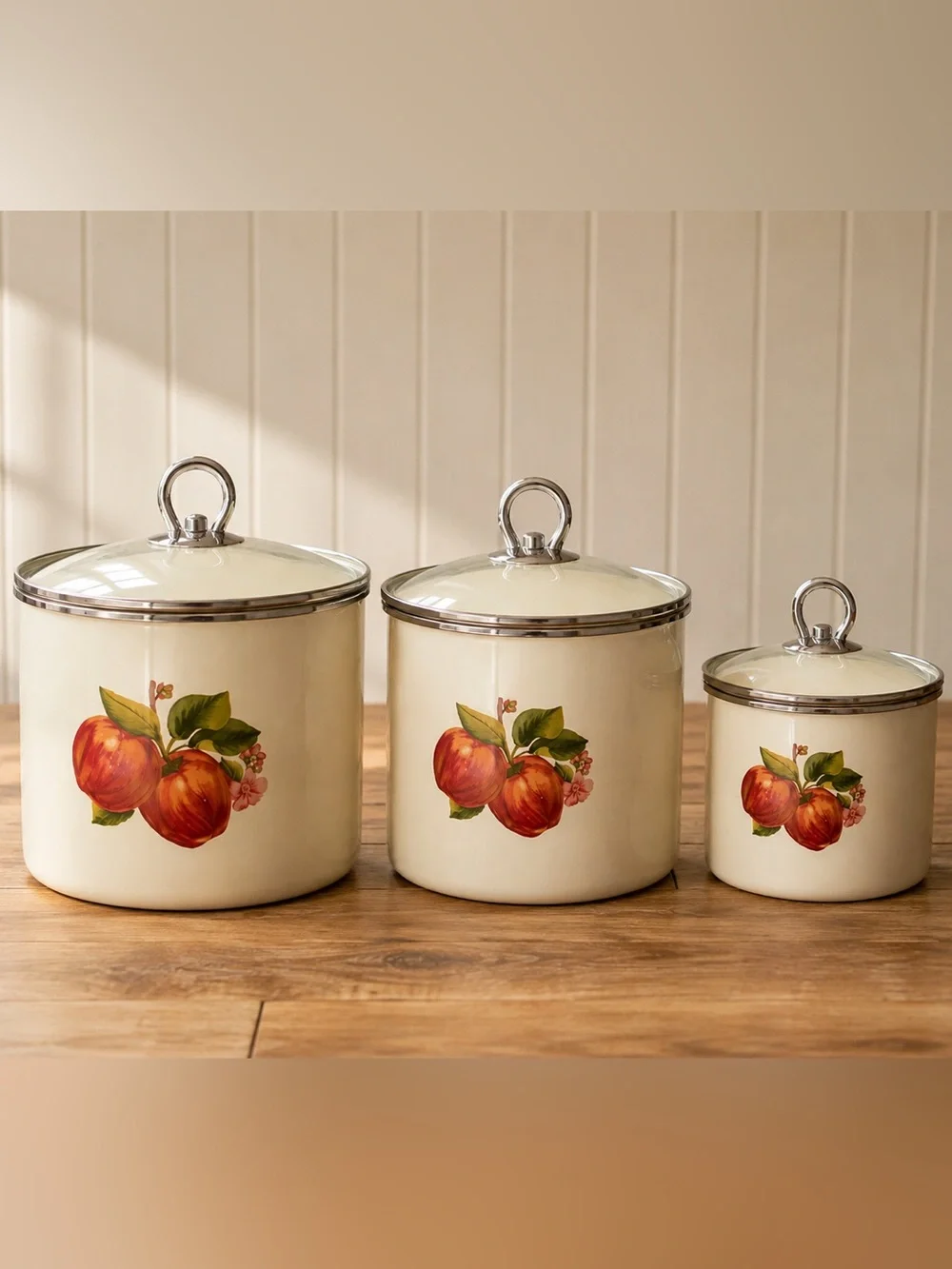 Vintage Apple Enamel Canister Set of 3 Glass Lids Farmhouse Kitchen NWT